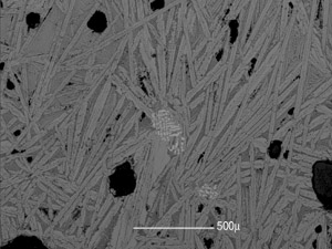 Fig.6. BSE image of a reduction slag. Fayalite : great middle grey crystals ; Wustite : dendrites and white globular grains ; Glass : dark grex background.Site of Fiko. Photo S. Perret