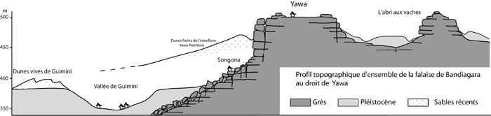 Coupe d’ensemble de la « falaise » au niveau de Yawa. Dessin M. Rasse