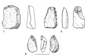 Industrie lithique du Promontoire. 1. Grattoir. 2. Racloir. 3. Perçoir. Dessin S. Kouti.