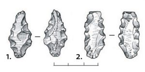 Industrie lithique du Promontoire. 1. Pointe à façonnage bifacial retouchée. 2. Pointe à retouche bifaciale retouchée. Dessin S. Aeschlimann